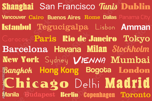 World city names design. Travel destination colorful concept for a doormat, tablecloth or bedsheet.