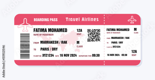 Ticket to Paris, France from Morocco. Boarding pass template with generic data. Travel flight ticket vector illustration with QR code.