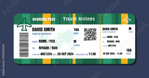 Ticket to Riyadh, Saudi Arabia from Italy. Boarding pass template with generic data. Travel flight ticket vector illustration with QR code.