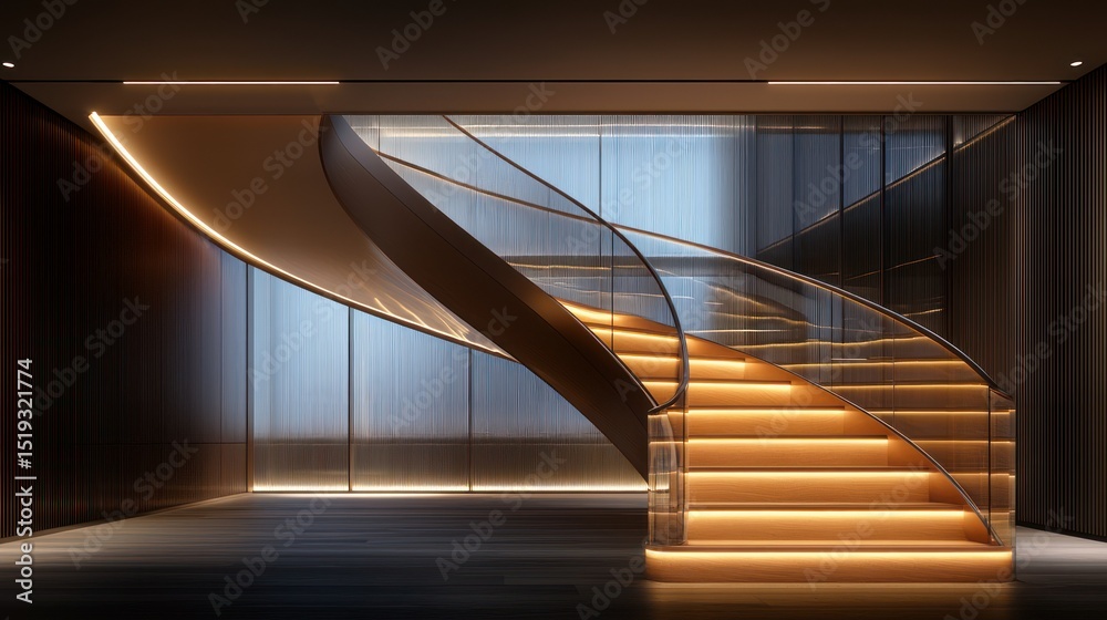 Obraz premium Illuminated, modern staircase with glass railing
