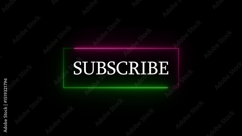Neon subscribe button animated with green and pink lines glowing against a black background promoting channel engagement