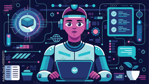 Futuristic Robot Working on a Laptop Surrounded by Digital Information and Icons