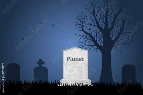 Planet is dead. Grave concept symbolizing environmental destruction problem, climate change and human pollution issues.