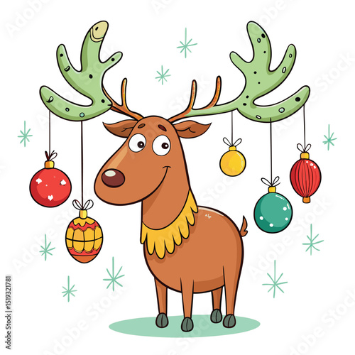 Cartoon Reindeer with Christmas Ornaments Hanging from Antlers on White Background