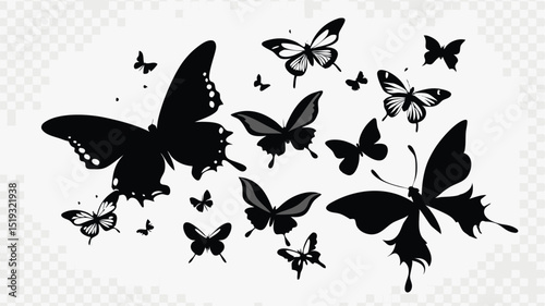 Black and White Butterfly Silhouette Collection on a Transparent Background