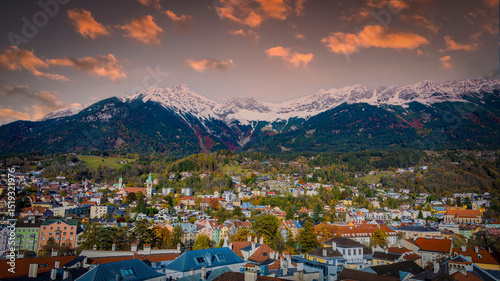 The beautiful view scene with Innsbruck cityscape, colorful historic buildings in Innsbruck, Austria