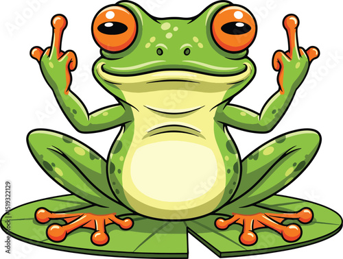 Cartoon frog flipping the bird cartoon illustration with a humorous and defiant gesture.