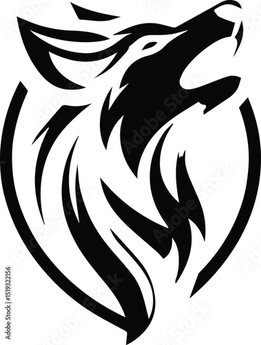 A striking black and white logo depicts a howling wolf's head in profile, framed within an incomplete circular design.