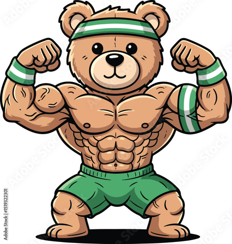 Cartoon teddy bear bodybuilder flexing muscles wearing sports gear and headband