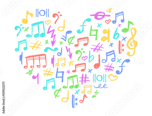 Heart shape filled with musical icons set. Cute underline symbols charcoal stamp texture and kindergarten color. Colorful music note, lightning and love signs collection. Vector card illustration