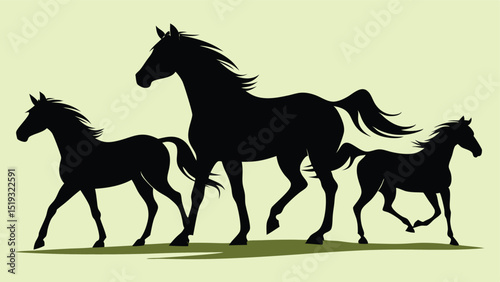Black Horse Silhouettes Running on Green Grass Against a Light Yellow Background