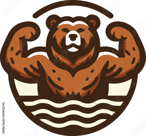 A stylized brown bear with prominent muscles flexes its arms within a circular logo featuring wavy lines below, suggesting strength and water.