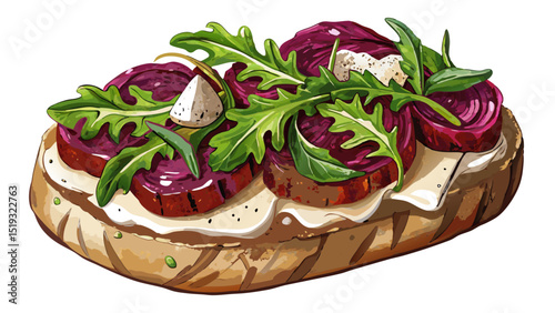 Crusty sourdough with roasted beet slices, fresh arugula, vegan cream cheese, and balsamic glaze, captured close-up on white, emphasizing earthy color contrast and gourmet vegan style.