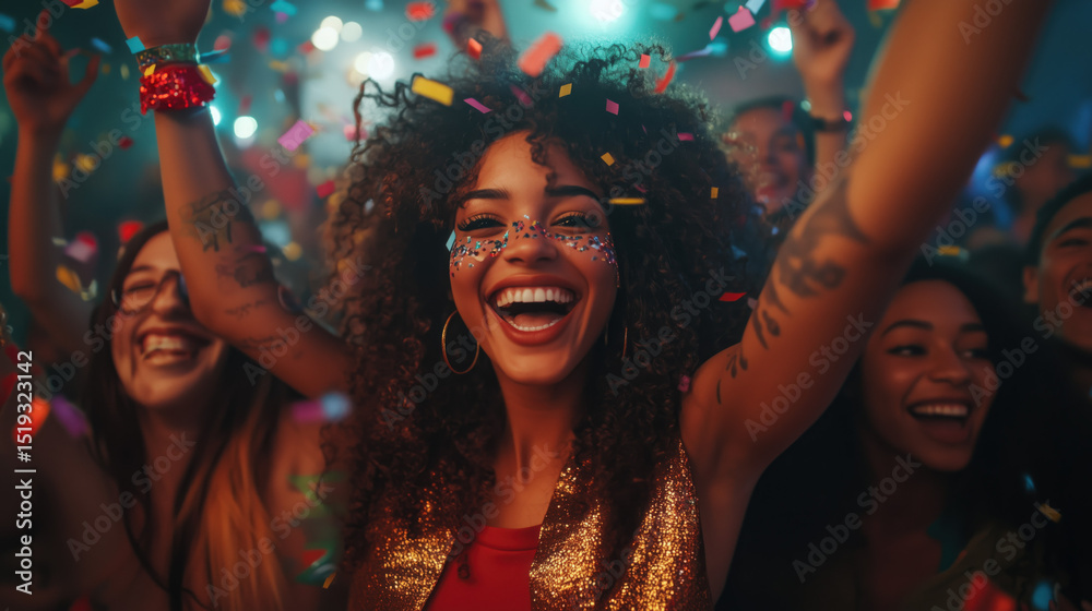 Obraz premium a diverse group of young adults cheering and throwing confetti in the air under festive lights during a New Year’s Eve celebration, everyone smiling and full of excitement