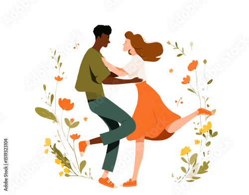 Mixed-race couple dancing together. Vector illustration. 