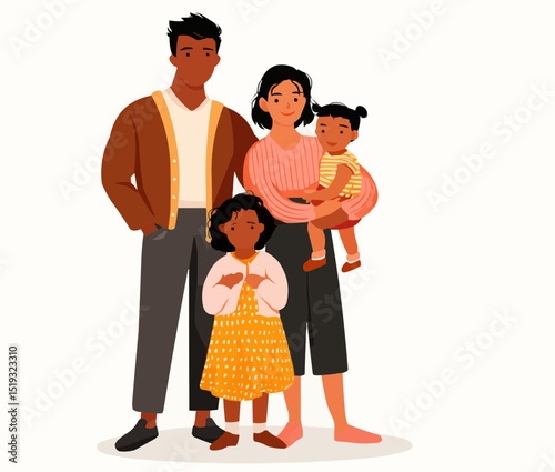 Mixed-race family with small children.  Vector illustration. 