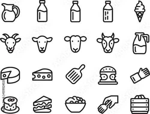 Outline Style Food and Dairy Items Collection Isolated on White Background
