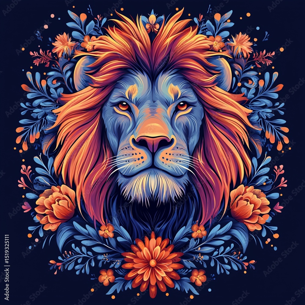 Obraz premium Vibrant lion portrait, floral frame