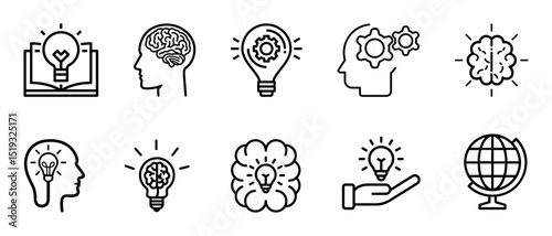 Knowledge thin line icon set. Inspiration for creative idea symbol. Containing book, mind, thinking, cognition, brain, light bulb, education, globe, creativity, idea, imagination, intelligence, genius