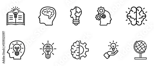 Knowledge thin line icon set. Inspiration for creative idea symbol. Containing book, mind, thinking, cognition, brain, light bulb, education, globe, creativity, idea, imagination, intelligence, genius