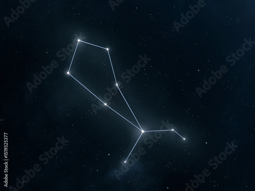 Bootes constellation in the starry night sky. Bright stars connected by lines. Astrological signs.