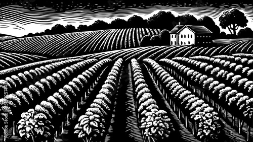 Vintage hand drawn sketch of vineyard landscape with grapevines, rural plantation fields, and winery house. Countryside scene in engraved style. Monochrome black and white vector illustration