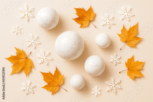 Seasonal Flatlay with Snowflakes and Golden Maple Leaves on Ivory Background – Autumn to Winter Transition Scene