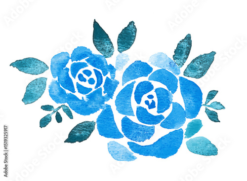 Fototapeta Naklejka Na Ścianę i Meble -  水彩のバラのイラスト素材　青　ブルー　薔薇　花　手書き