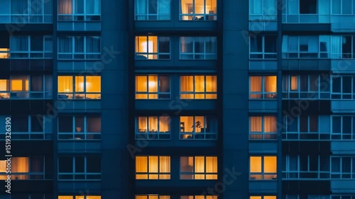 windows of tall apartment building at night with light on