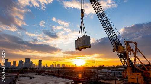 Crane lifts heavy materials against sunset skyline