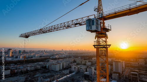 Tower crane lifts materials at sunset in cityscape