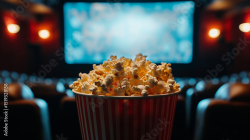 A red and white striped popcorn box is filled with popcorn, positioned in focus against a blurred background of a movie theater with a glowing screen. photo