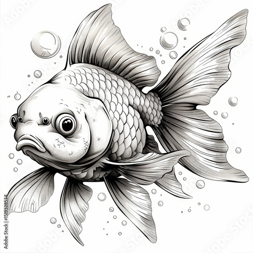 A detailed pencil drawing of a goldfish with lush fins and water bubbles in realistic style.