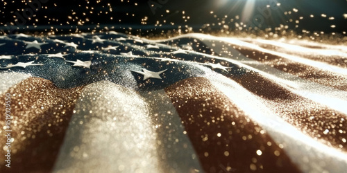 A close-up of the American flag, finished with a gilded, shimmering dust effect that highlights the wavy surface of the fabric and symbolizes patriotism