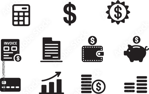 Solid Style Finance and Accounting Icons Set Vector Illustration for Financial and Business Applications
