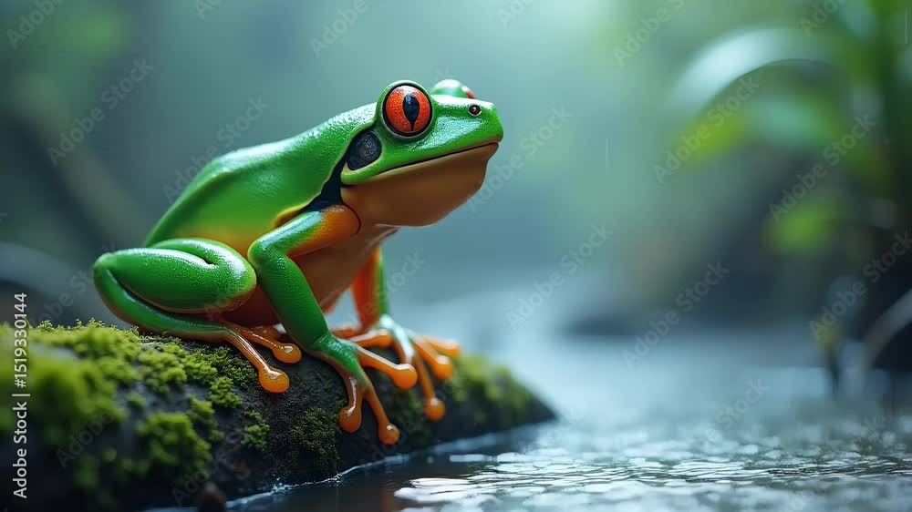 green tree frog sitting on mossy log near water in peaceful rainforest environment
