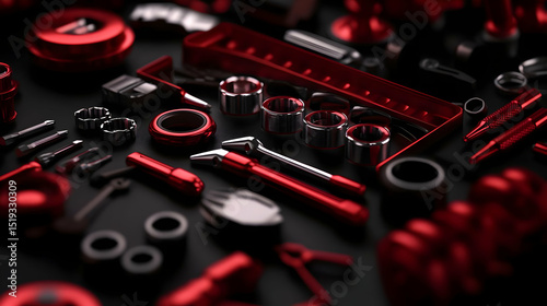 Red And Black Mechanic Tools Collection On Dark Background
