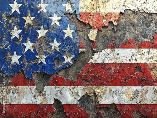  a tattered American flag with a ruined and cracked surface, giving it a vintage, old, and textured appearance, possibly symbolizing destruction or wear, yet retaining its recognizable stars and strip
