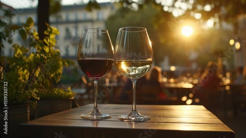 Two wine glasses filled with red and white wine sit on a wooden table in golden evening light