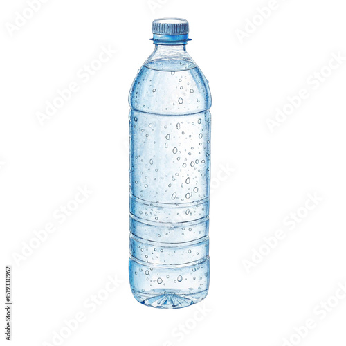 Clear plastic mineral water bottle isolated on white background, full of fresh blue liquid for healthy refreshment