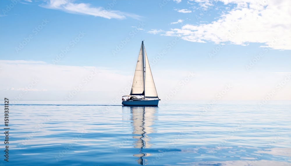 Fototapeta premium Sailboat On Calm Ocean Water Under Cloudy Sky