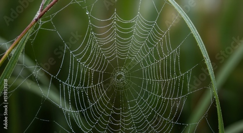 A close-up of a spider web covered in dew, set against a blurred green background, likely a grassy area.