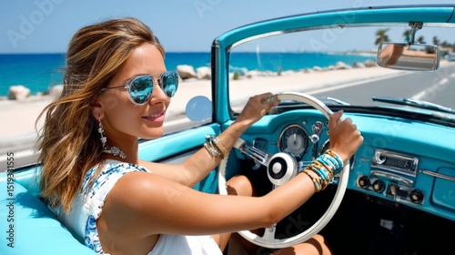 Woman driving a vintage convertible car along a coastal road on a sunny day
