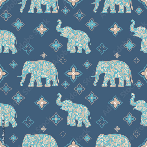 Stylized elephant pattern with modern Thai motifs in teal on a blue background, ideal for contemporary Asian-inspired projects and digital textiles.