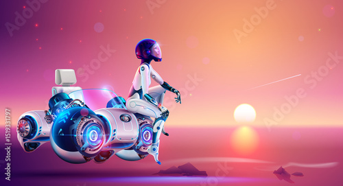An astronaut girl on Mars sits on a futuristic transport. A female Mars explorer astronaut in the desert on Mars looks at the sunset. Sci-fi illustration of a flying rover car for exploring Mars.