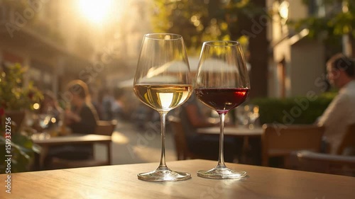 Red and white wine glasses stand on a light wood table with blurred street café and plants behind