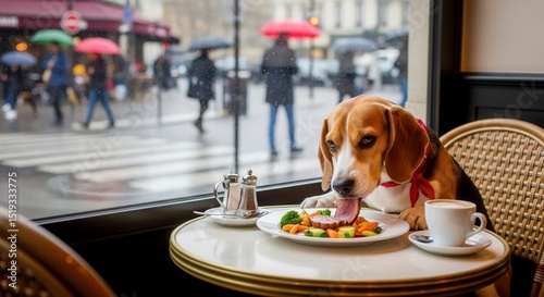 A dog enjoying a meal at a cafe