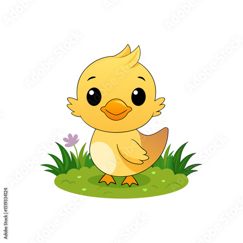 create detailed cute duckling cartoon in garden 