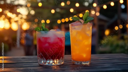 Orange and red cocktails with fresh mint sit on a wooden table under glowing string lights at sunset
