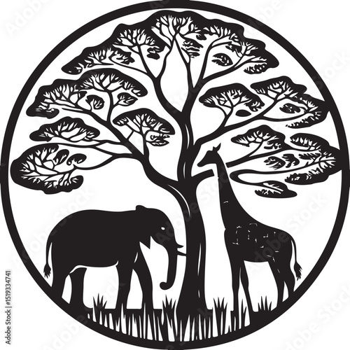 Wild animal silhouettes, including elephants and deer, in a vector forest landscape illustration at sunset